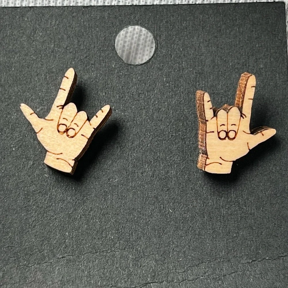 ASL I Love You Hand Sign‎ Stud Earrings Wood Tone Trendy Minimalist